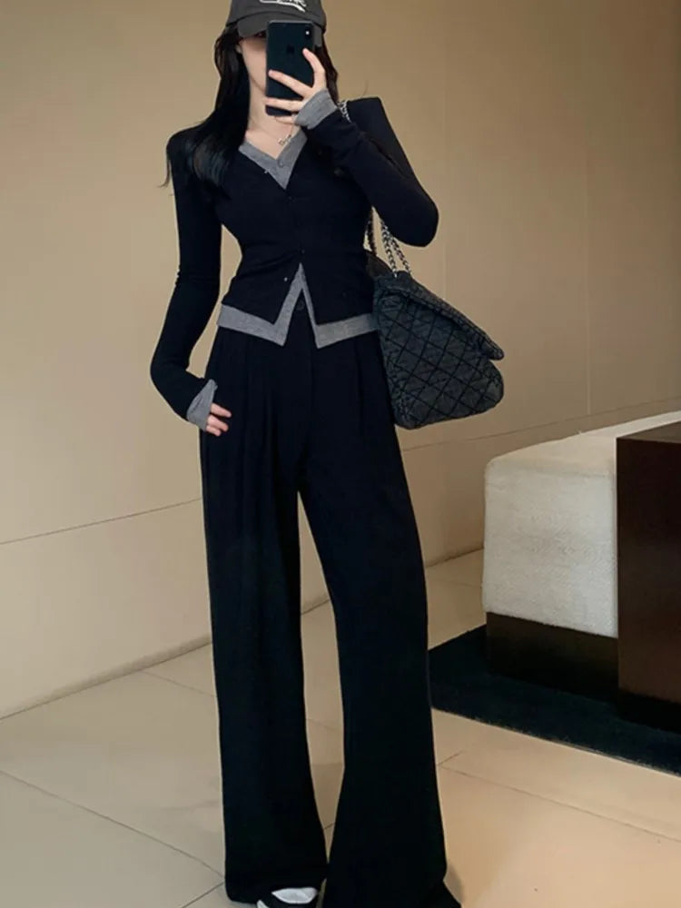 Autumn Casual Two-piece Pants Set Women Long Sleeves V-neck Single Breasted Top Wide Leg Pants Korean Fashion Outfits New