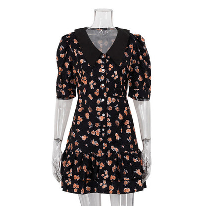 Short Sleeve Floral Mini Dress For Women Robe Turn-down Collar Elegant French Dress Ladies Fashion High Waist Dresses