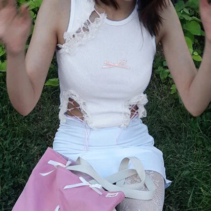 Voguable  Sweet Lace Stitching Hollow Out Tank Top Cute Bow Bandage Sleeveless Crop Tops Y2K Casual Basic Vest Lolita Camis
