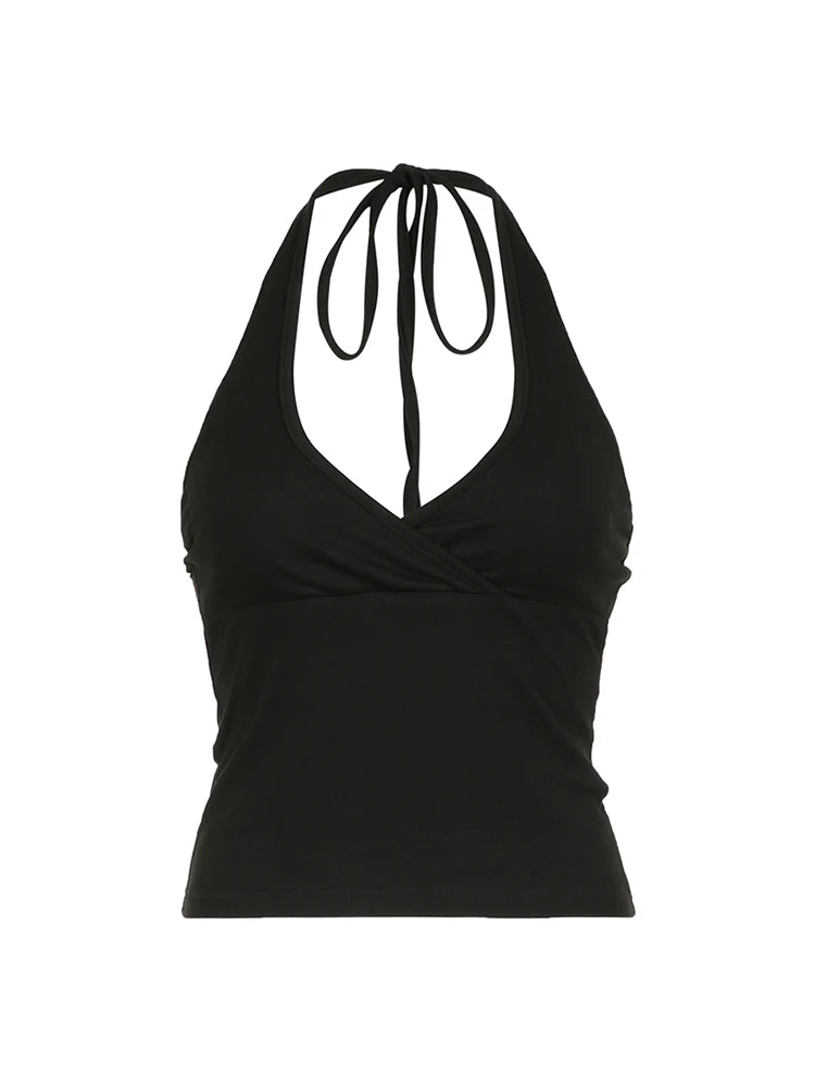 Cross Tie Halter V Neck Crop Top Women Solid Basic Casual Slim Backless Sexy Tank Vest