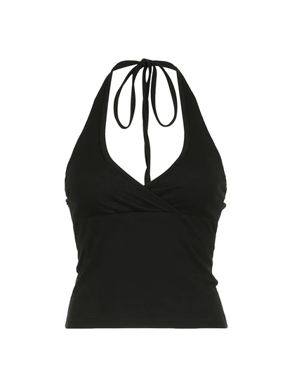 Cross Tie Halter V Neck Crop Top Women Solid Basic Casual Slim Backless Sexy Tank Vest