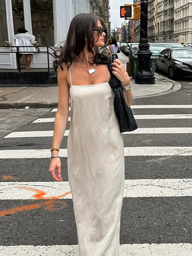 Slip Dress Women Summer Cotton Lined Loose Dresses Sleeveless Thin Straps White Long Dresses Backless Beach Holiday Dresses