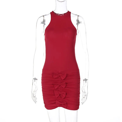 Sexy Pleated Bows Bodycon Dress Female Round Collor Sleeveless Mini Dress Splice Fashion Hot Girl Club Party Vest Dress