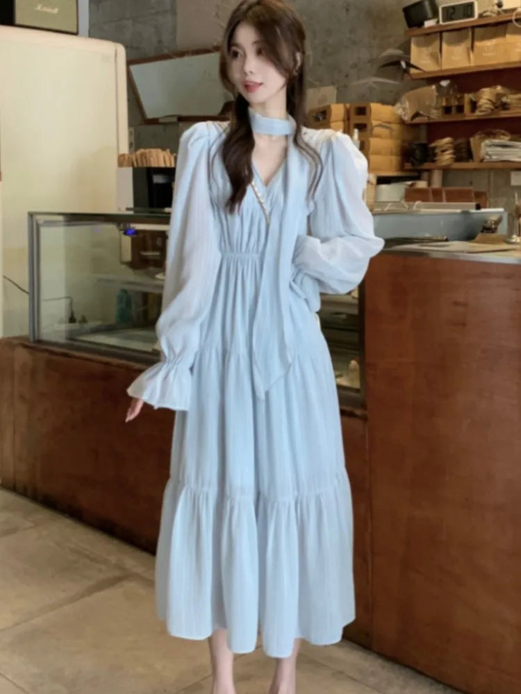 Elegant Autumn Midi Dresses for Women V-neck Flare Sleeves A-line Solid Korean Fashion Casual French Vintage Vestidos Mujer New