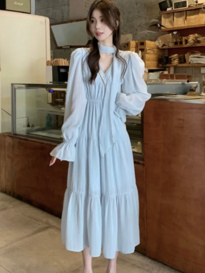 Elegant Autumn Midi Dresses for Women V-neck Flare Sleeves A-line Solid Korean Fashion Casual French Vintage Vestidos Mujer New