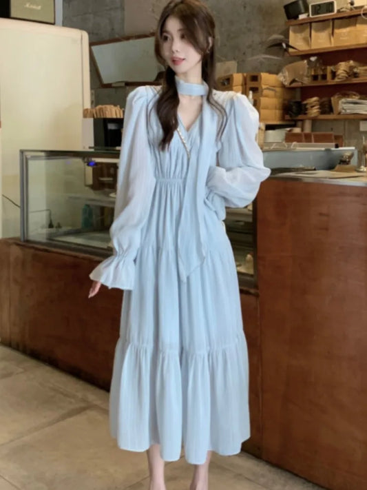 Elegant Autumn Midi Dresses for Women V-neck Flare Sleeves A-line Solid Korean Fashion Casual French Vintage Vestidos Mujer New