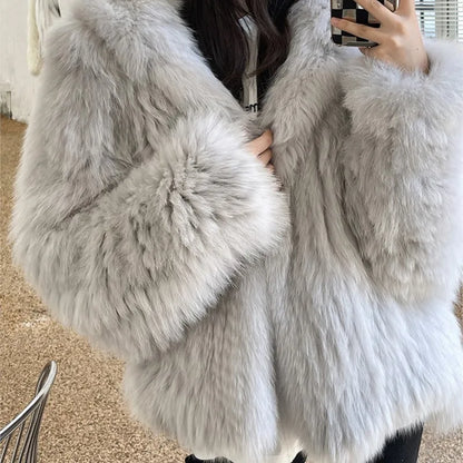 Winter Faux Fur Coat Women Hooded Loose Long Sleeve Outerwear High Street Luxury Fur Jacket Female Fashion Overcoats  New