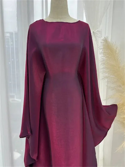 Autumn Loose Shiny Maxi Dress Women’s Butterfly Batwing Long Sleeve Muslim Clothes Party Dress Solid Female Long Dress New