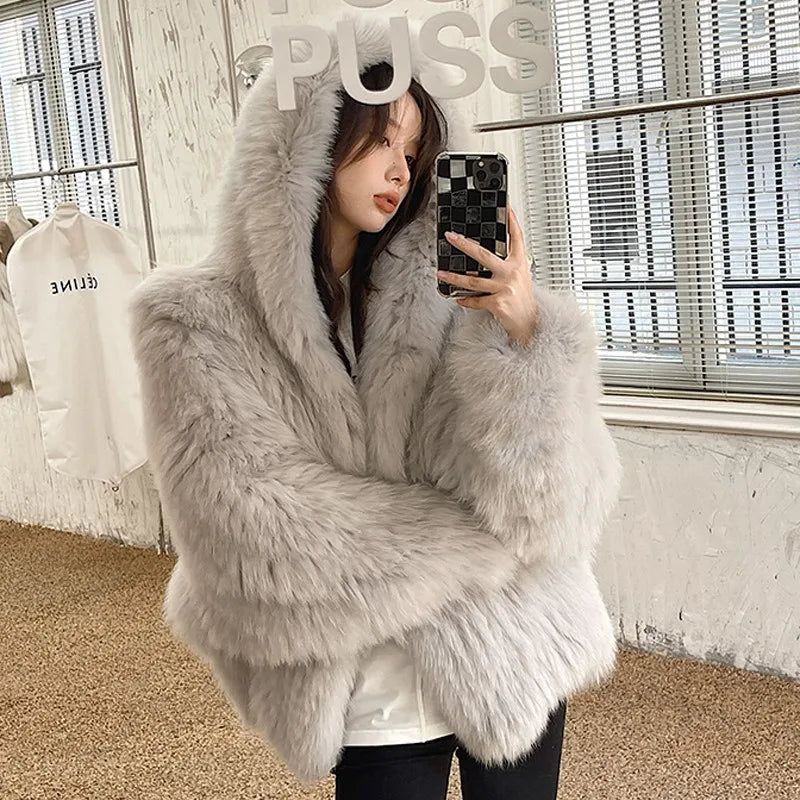 Winter Faux Fur Coat Women Hooded Loose Long Sleeve Outerwear High Street Luxury Fur Jacket Female Fashion Overcoats  New