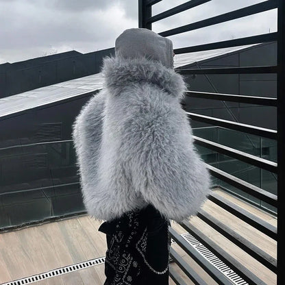 Fluffy Faux Mongolian Fur Coat for Women  Winter Warm Furry Tibetan Sheep Fur Jacket Chic Female Shaggy Overcoat
