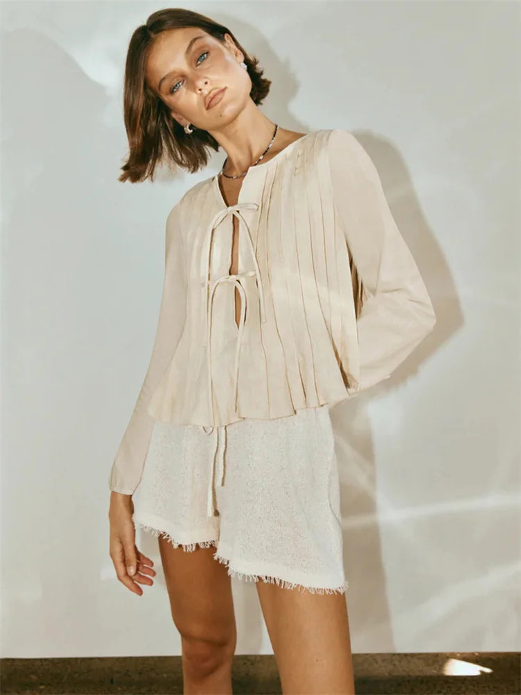 Patchwork Fashion Lace-Up Shirts Top For Women Hollow Out Casual Bandage Solid Elegant Long Sleeve Top Female Cropped Tee