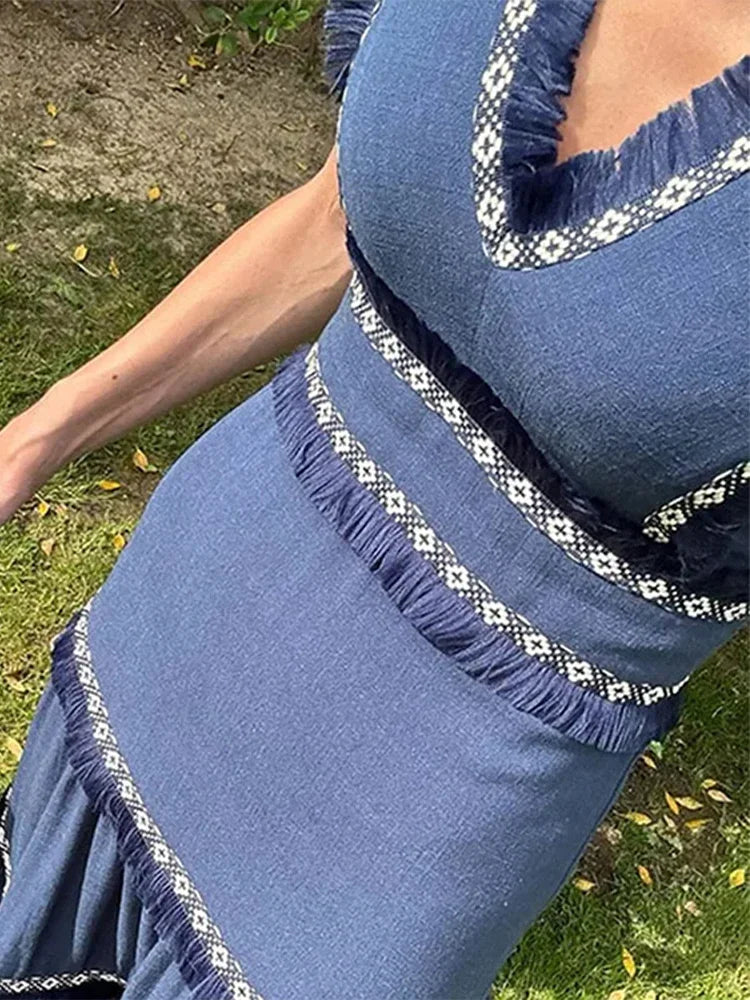 Chic Elegant Tassel Spliced Print Ruffles Long Dress Women Fashion V Neck Sleeveless A-line Robe  Chic Lady Holiday Robe