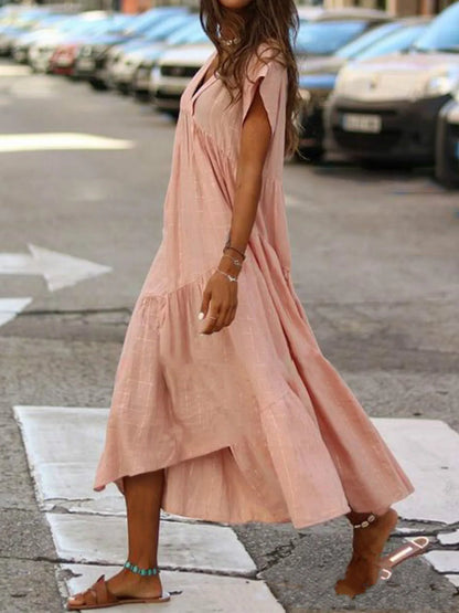 Cotton Linen Oversize Loose V-neck Boho Dress