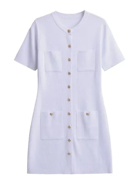 Pocket Knit Female Mini Dress Autumn  Ribbed High Waist Fashion Patchwork Elegant Party Dress Knitwear Cardigan Dress