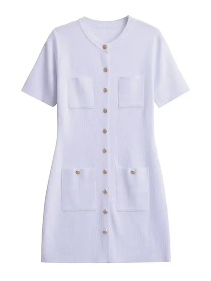 Pocket Knit Female Mini Dress Autumn  Ribbed High Waist Fashion Patchwork Elegant Party Dress Knitwear Cardigan Dress