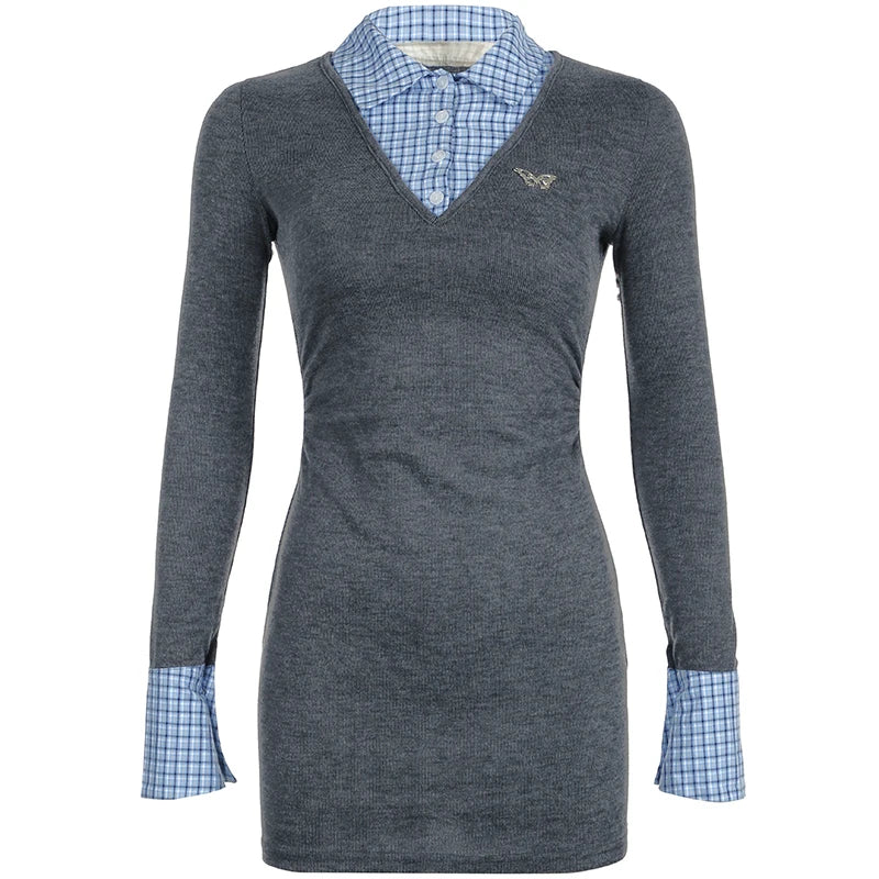 Korean Preppy Plaid Patchwork Button Lapel Women¡¯s Dresses Elegant Fairy Fashion Slim Contrast Short Vestido s New