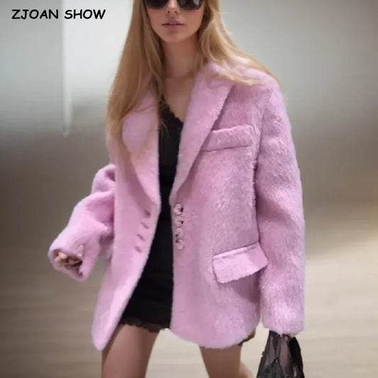 Streetwear Long Hairy Shaggy Blazer Boyfriend Vintage Women Front Pockets Loose Oversized Suit Fashion Coat Pink 4 colors