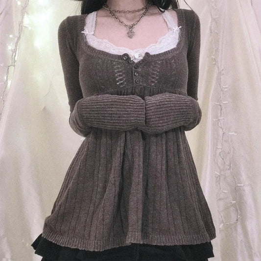 Vintage Babydoll Tops Pullovers Lady Aesthetic Coquette Knit Sweaters Outfit Square Neck Long Sleeve Knitwear Jumpers Y2k