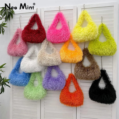 Cute  Winter Candy Color Handbags Women Kawaii Furry Plush Faux Fur Bags Goth Y2k Girls Festival Shoulder Armpit Hobos Bag