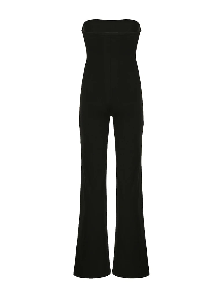 Black Solid Strapless Elegant Long Jumpsuits For Women Slim Wide Leg Flared Rompers Simple Fashion Vacation Overalls