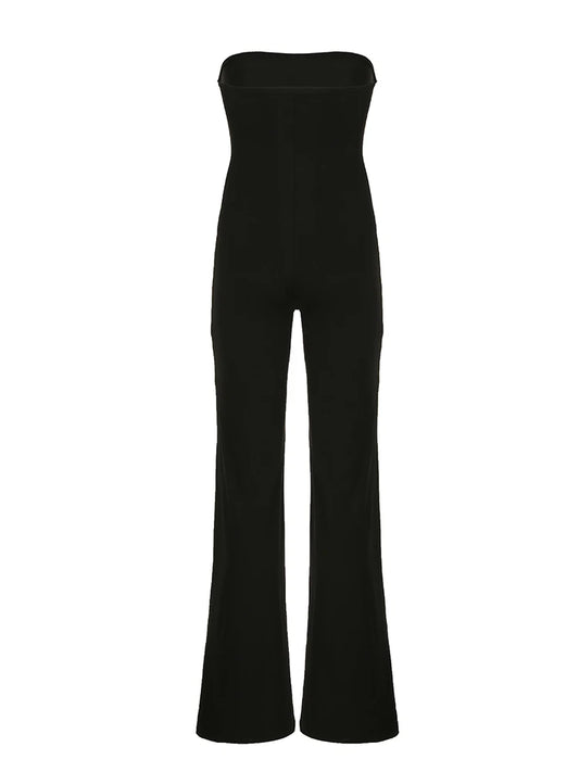 Black Solid Strapless Elegant Long Jumpsuits For Women Slim Wide Leg Flared Rompers Simple Fashion Vacation Overalls