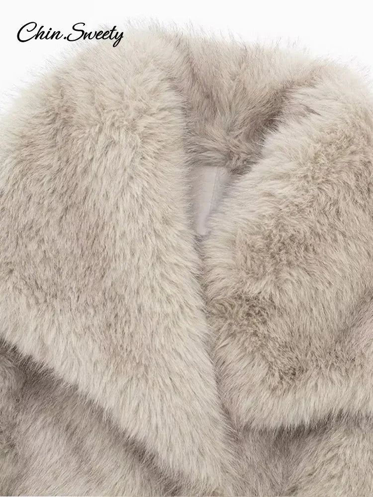Winter Gradient Faux Fur Coat Women Luxury Big Fur Collar Pockets Loose Jacket Female  Fashion Lady High Street Overcoats