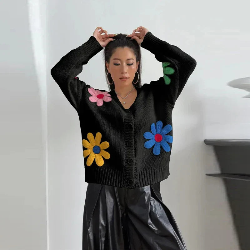 Autumn Knitted Women Sweater Sweet Flower Loose Long Sleeve O-neck Female Pullovers 2025 New Casual Loose Ladies Tops Streetwear