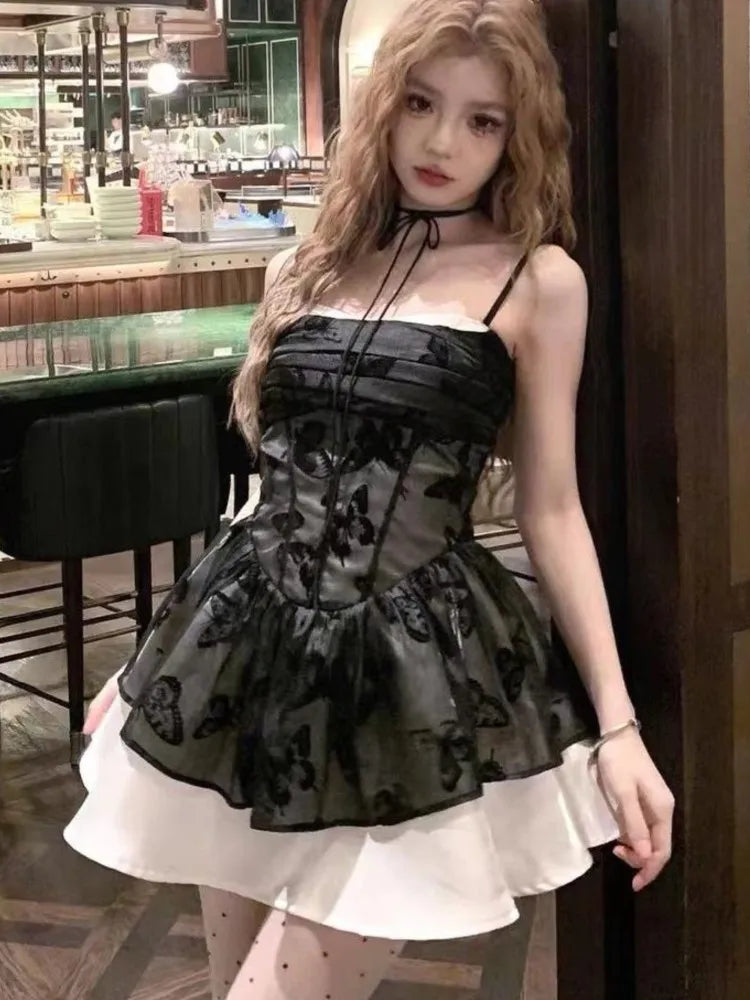 Y2K Spaghetti Strap Lace Patchwork Ruffles A-line Short Dresses for Women Summer Party Dress Korean Fashion One Piece Vestido