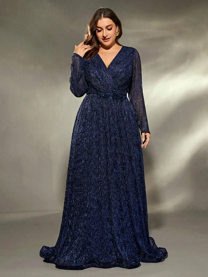 plus size V-neck irregular cross folding long sleeve toothpick fold sequin long skirt Evening gown PROM dress Party dress
