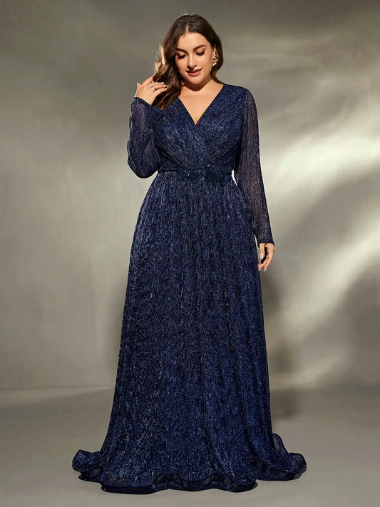 plus size V-neck irregular cross folding long sleeve toothpick fold sequin long skirt Evening gown PROM dress Party dress