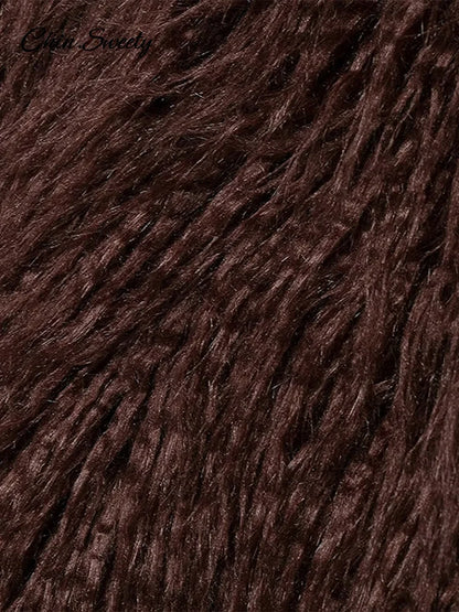 Fashion Burgundy Fur Coats Women Warm Thick O-neck Long Sleeve Loose Jackets Female 2025 Autumn Winter Party Outwear