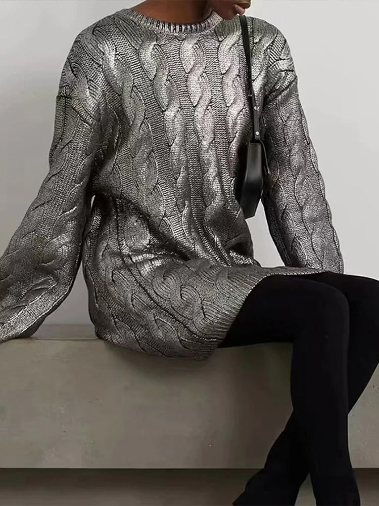 Vintage Knitted O-neck Sweater Women Casual Loose Sliver Long Sleeve Pullover Sweaters Female Winter Chic High Street Knitwear