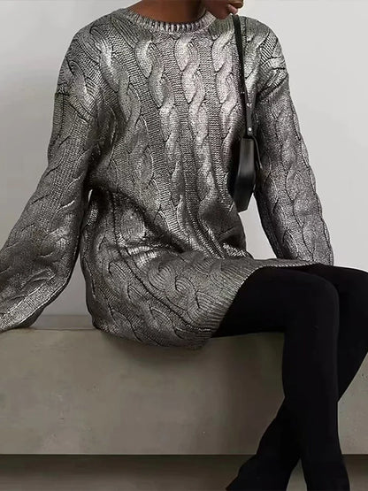 Vintage Knitted O-neck Sweater Women Casual Loose Sliver Long Sleeve Pullover Sweaters Female Winter Chic High Street Knitwear