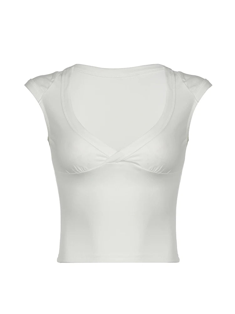 White Solid Basic Slim Low Bust V Neck Crop Tees Women Black Simple Fashion Short Sleeve Summer T Shirt