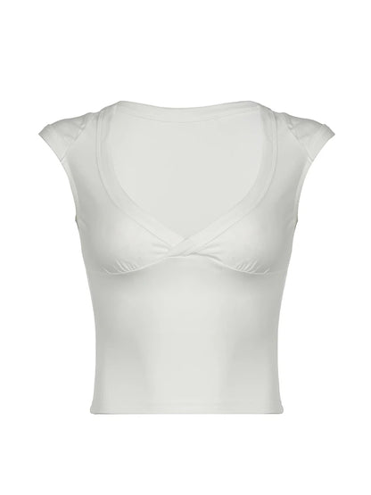 White Solid Basic Slim Low Bust V Neck Crop Tees Women Black Simple Fashion Short Sleeve Summer T Shirt