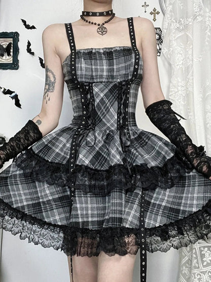 Eyelet Lace Plaid Patchwork High Waist Cake Mini Dress