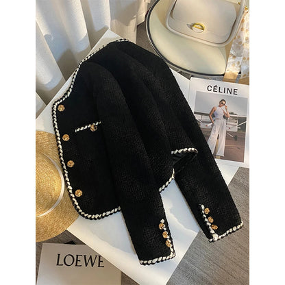 Vintage Tweed Jacket Women Elegant Cropped Quilted Coat Commute Black Blazer Winter Ladies Korean Short Outerwear Tops New