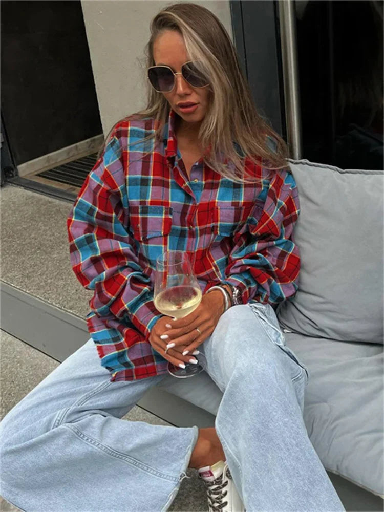 Patchwork Vintage Loose Shirts Female Casual Patchwork Pocket Long Sleeve Contrast Autumn  Outwear Women’s Shirts Tee