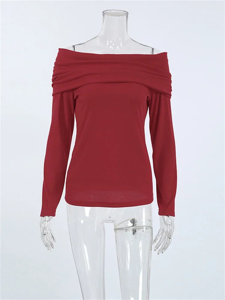 Knit Sweater Pullover Top For Women Fashion Off-Shoulder Slim Casual High Waist Cropped T-shirt Female Knitwear Pullover