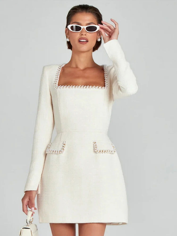 Elegant Tweed Mini Dress Women Square Collar Long Sleeve Shoulder Pads Dresses Female  Autumn Lady HighStreet Robes