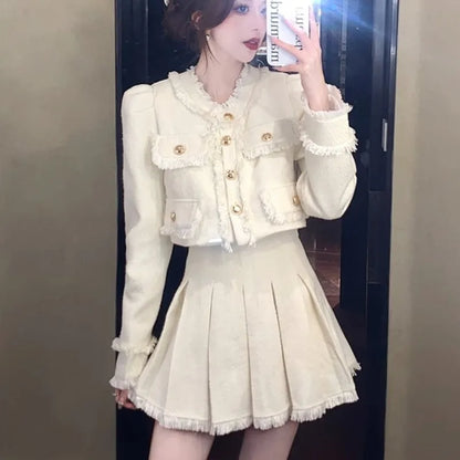 Elegant Tweed Suit 2-piece Skirt Set Autumn Winter New French Style Cropped Jacket Coat Mini Skirt Korean Fashion Female Outfits