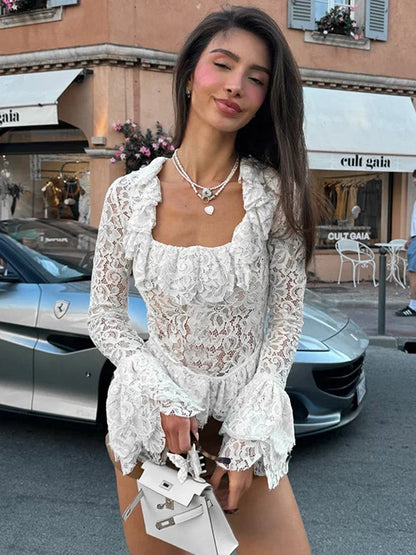 Splice Lace Square Collar See-through Top For Women Fashion Slim Sexy Flare Long Sleeve White T-Shirt Female Pullover New