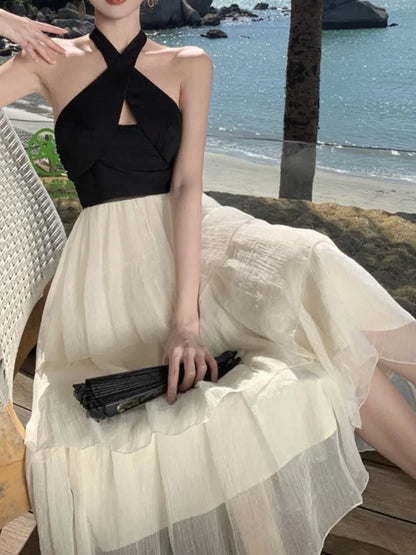 Elegant Patchwork Ruffles Cake Dresses for Women Halter Sleeveless Backless Evening Party Dress Prom A-line One Piece Vestido