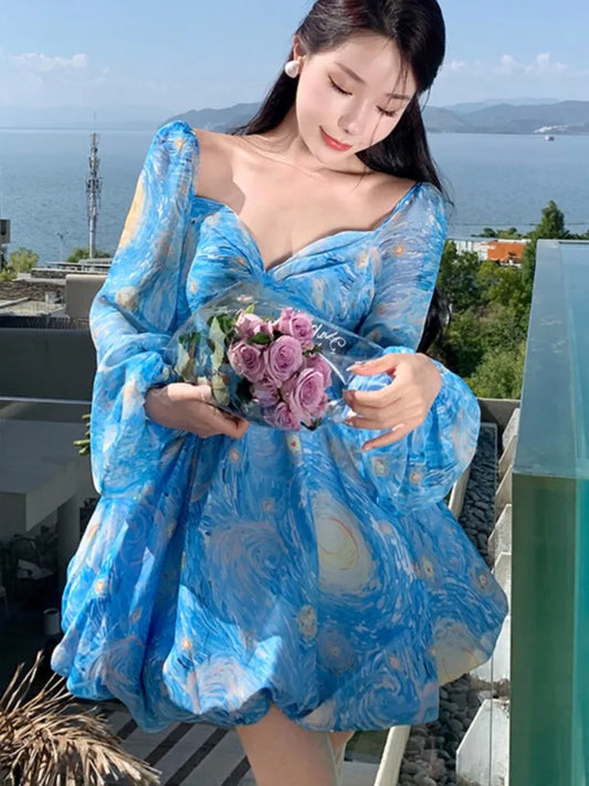 Elegant Printed Short Dresses for Women Backless Holiday Beach Style Lantern Sleeves A-line Floral Mini One Piece Vestido Mujer