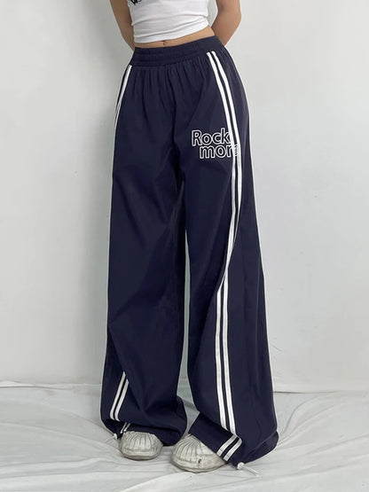 Side Stripe Elastic High Waist Loose Straight Leg Pants Women Letter Print Street Style Hippie Baggy Trousers Preppy Streetwear