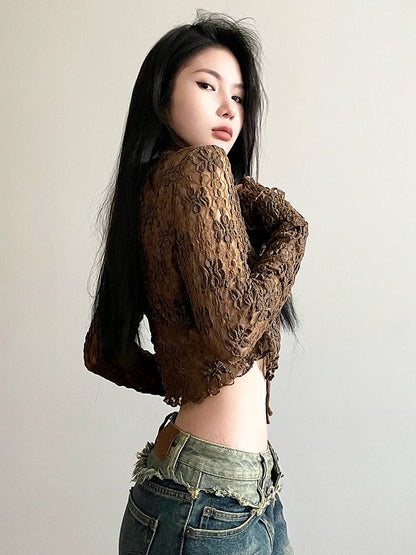 Voguable Brown Vintage Lace V-neck Tie-up Shirts for y2k Aesthetic Sweet Long Sleeve Crop Top Casual T Shirt Korean Style