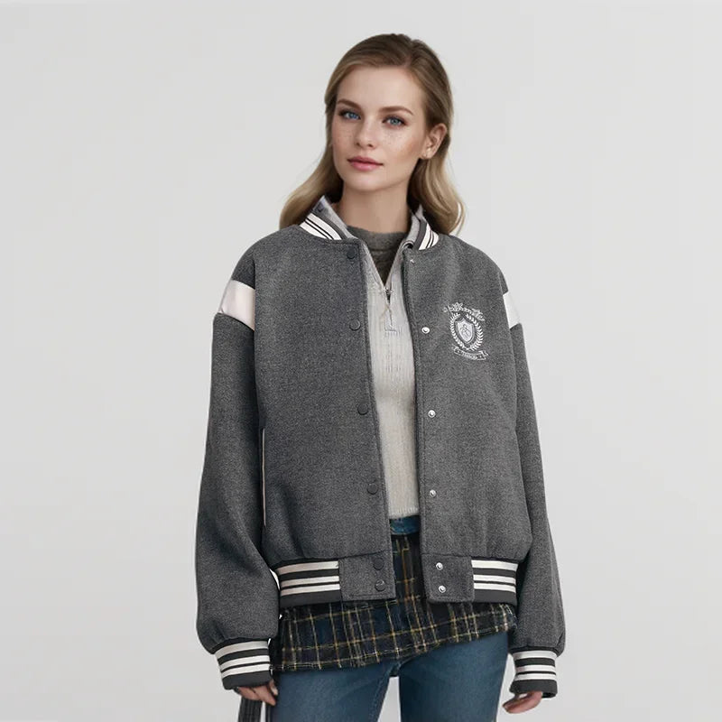 Coat Women Embroidery Patchwork Contrast Color Loose Jacket  New Winter Imitation Woolen Baseball Jacket