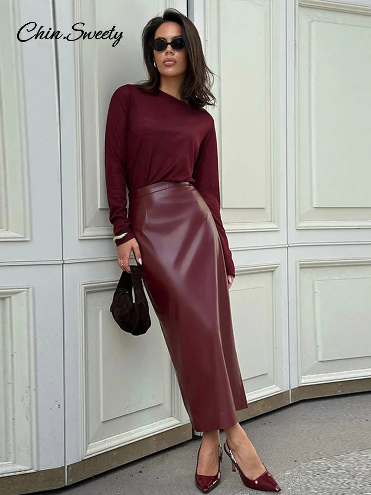 Fashion Burgundy Red Leather Skirt Slim Fit Hip Package Split Skirts Female  Autumn Winter Commuting High Street Outwear