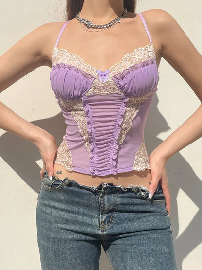 Voguable  y2k Lace Patchwork Purple Coquette Mesh Corset Backless Criss-cross Halter Camis Sweet Aesthetic Crop Top