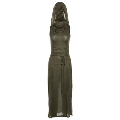 Wasteland Punk Dress y2k Solid Color Sleeveless Hollow Out Back Side Slit Hooded Dress 2000s Grunge Party Dresses